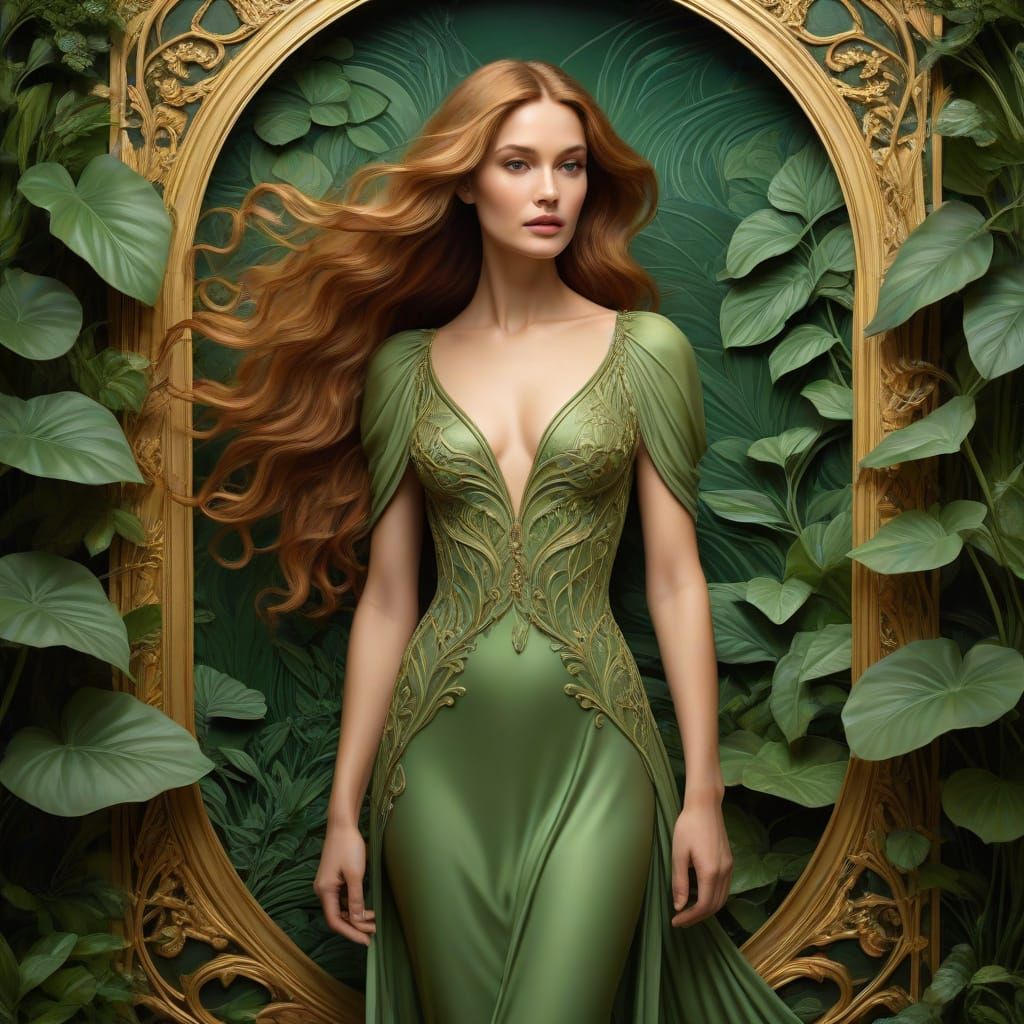 Art Nouveau Woman in Green Dress with Gold Accents