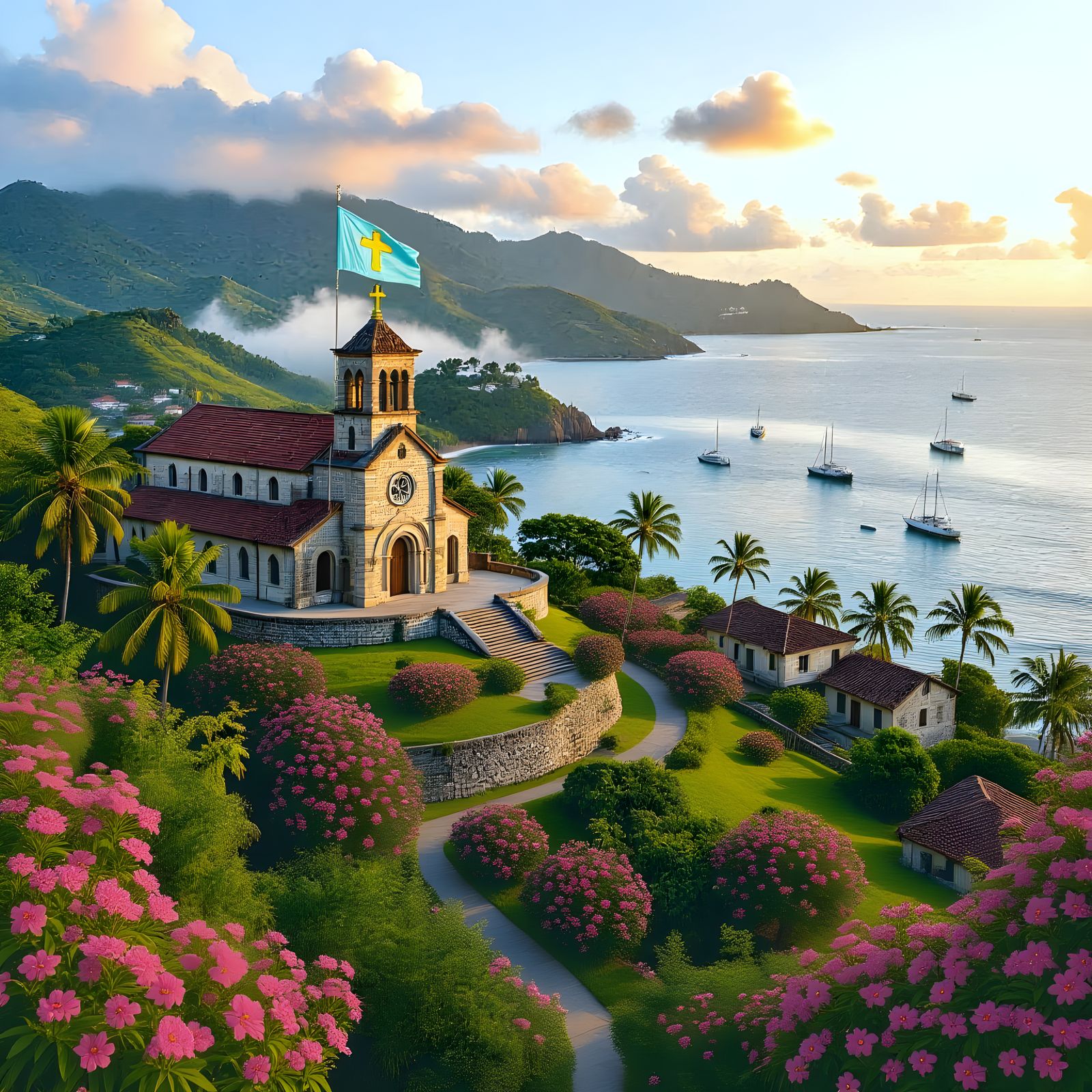 Tropical Island Paradise with Romanesque Church at Dawn
