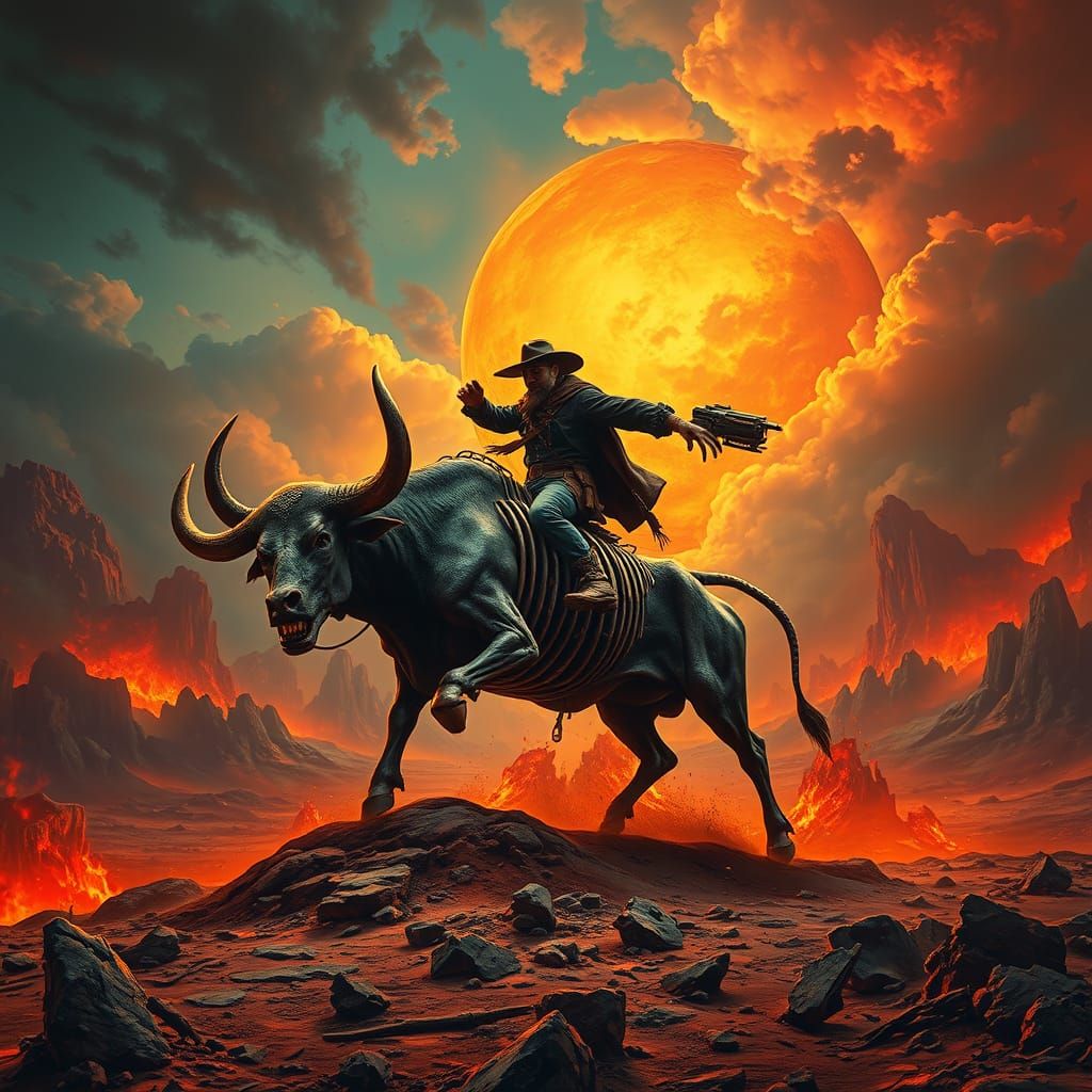 Demonic Cowboy Rides Skeletal Bull in Hellish Landscape
