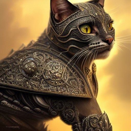 Fierce Armored Cat in Hyperdetailed Digital Painting