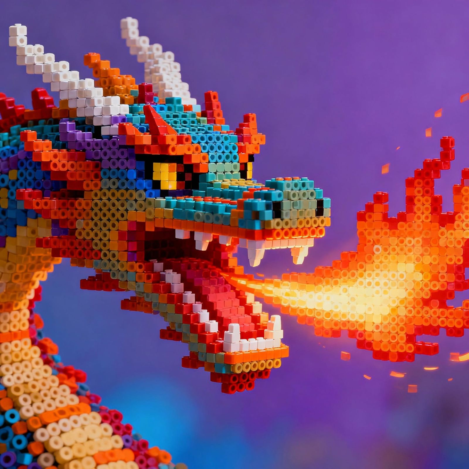 Dragon Head Made of Hama Beads Breathing Fire