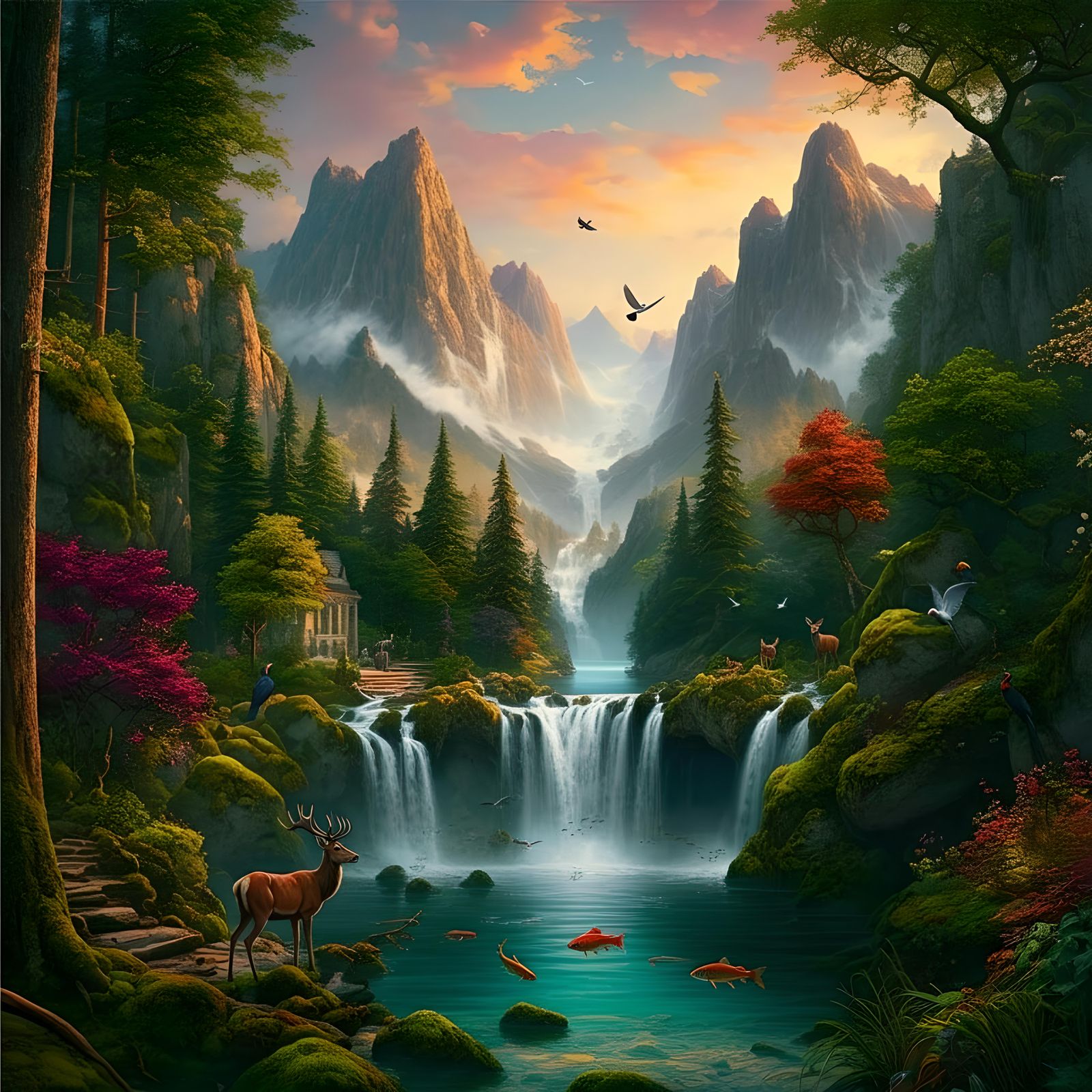 Vivid Landscape with Waterfall and Sunset Sky