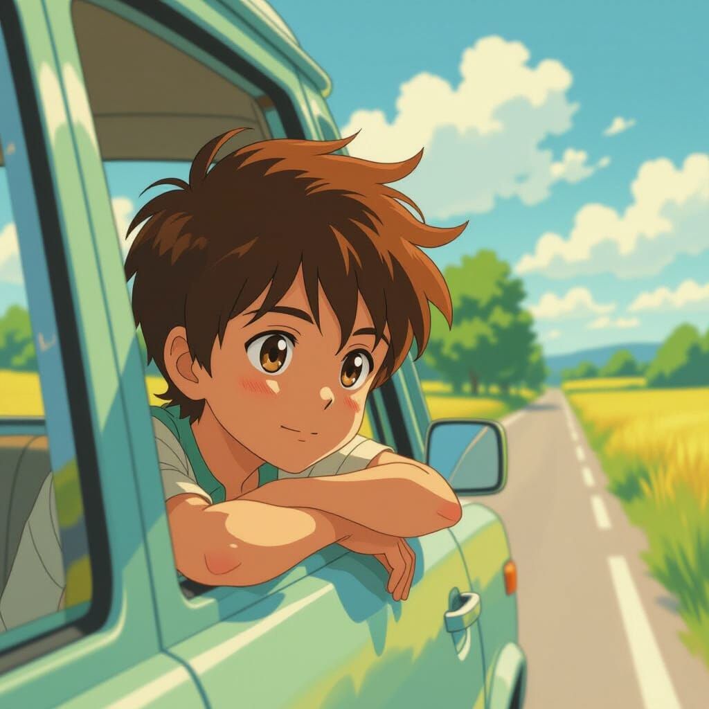 Boy in Car Window, Anime Film Style