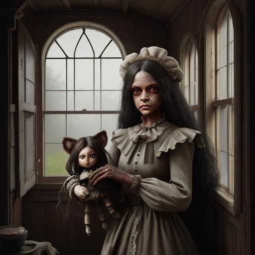 Creepy Girl with Antique Doll in Spooky Attic