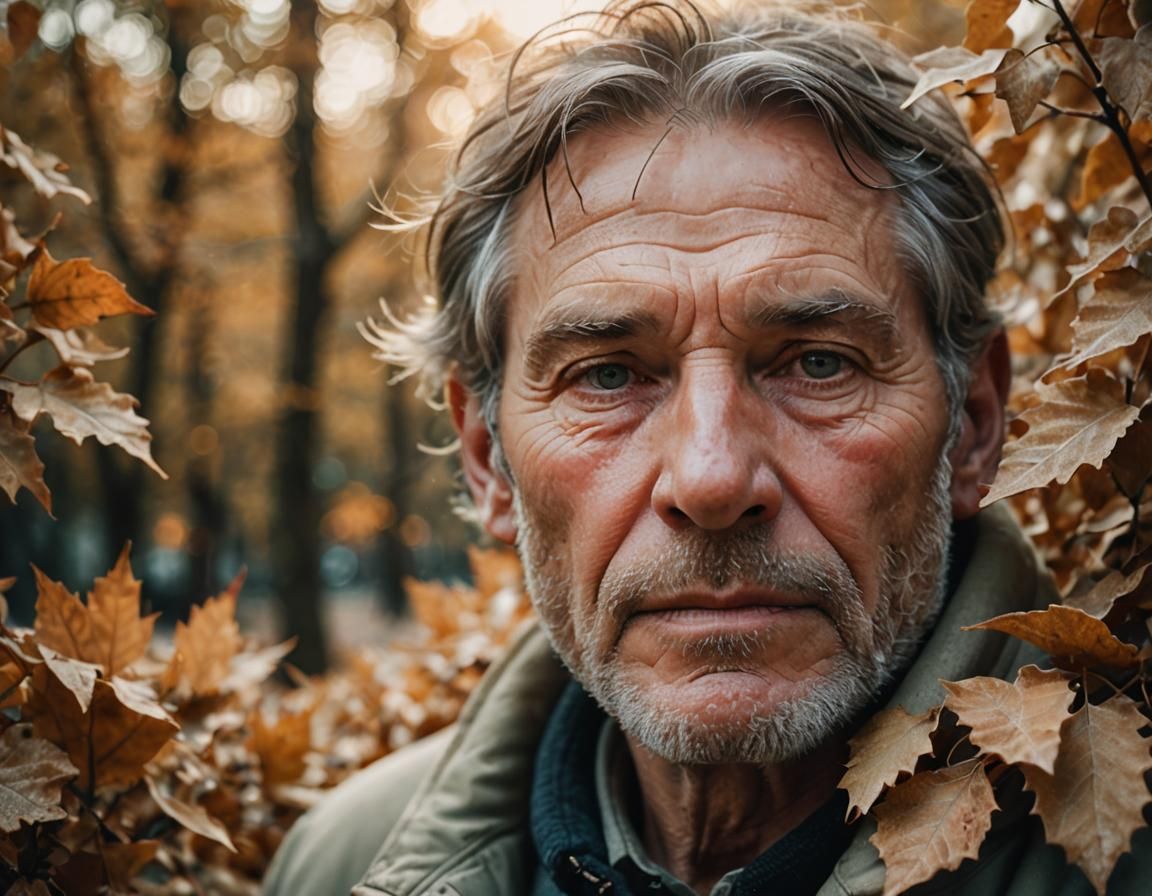 Worn Face Framed by Frosty Leaves in Soft Focus