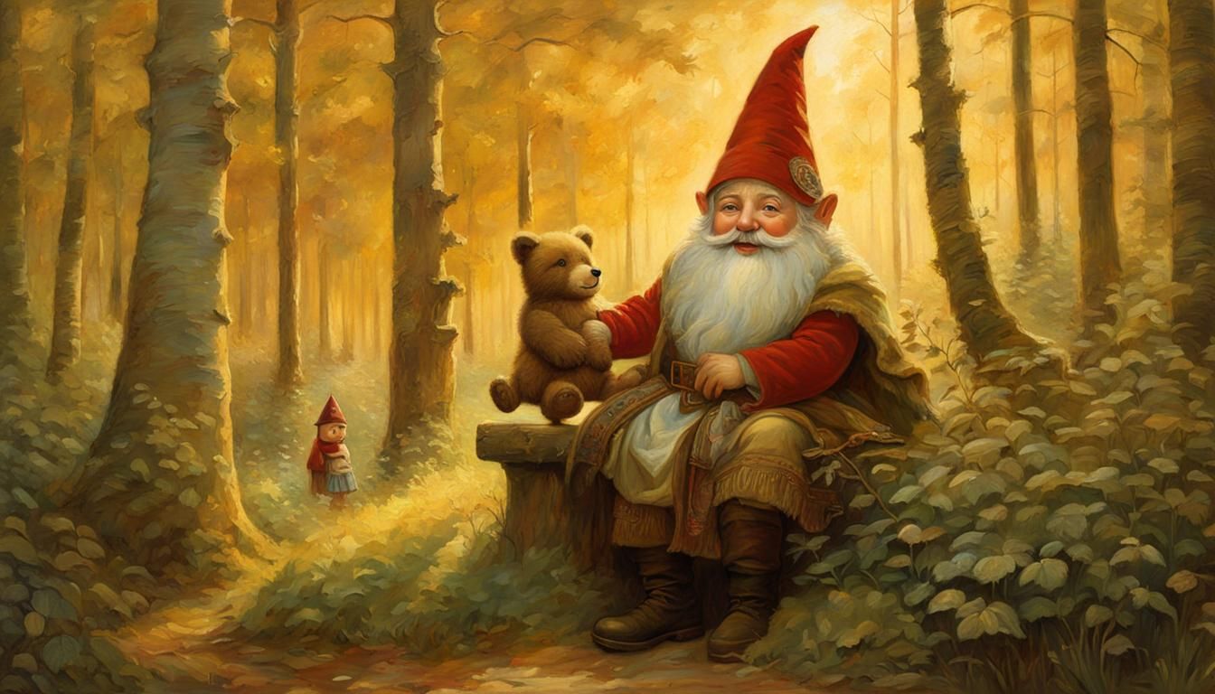 Gnome and Teddy Bear in Forest Glade