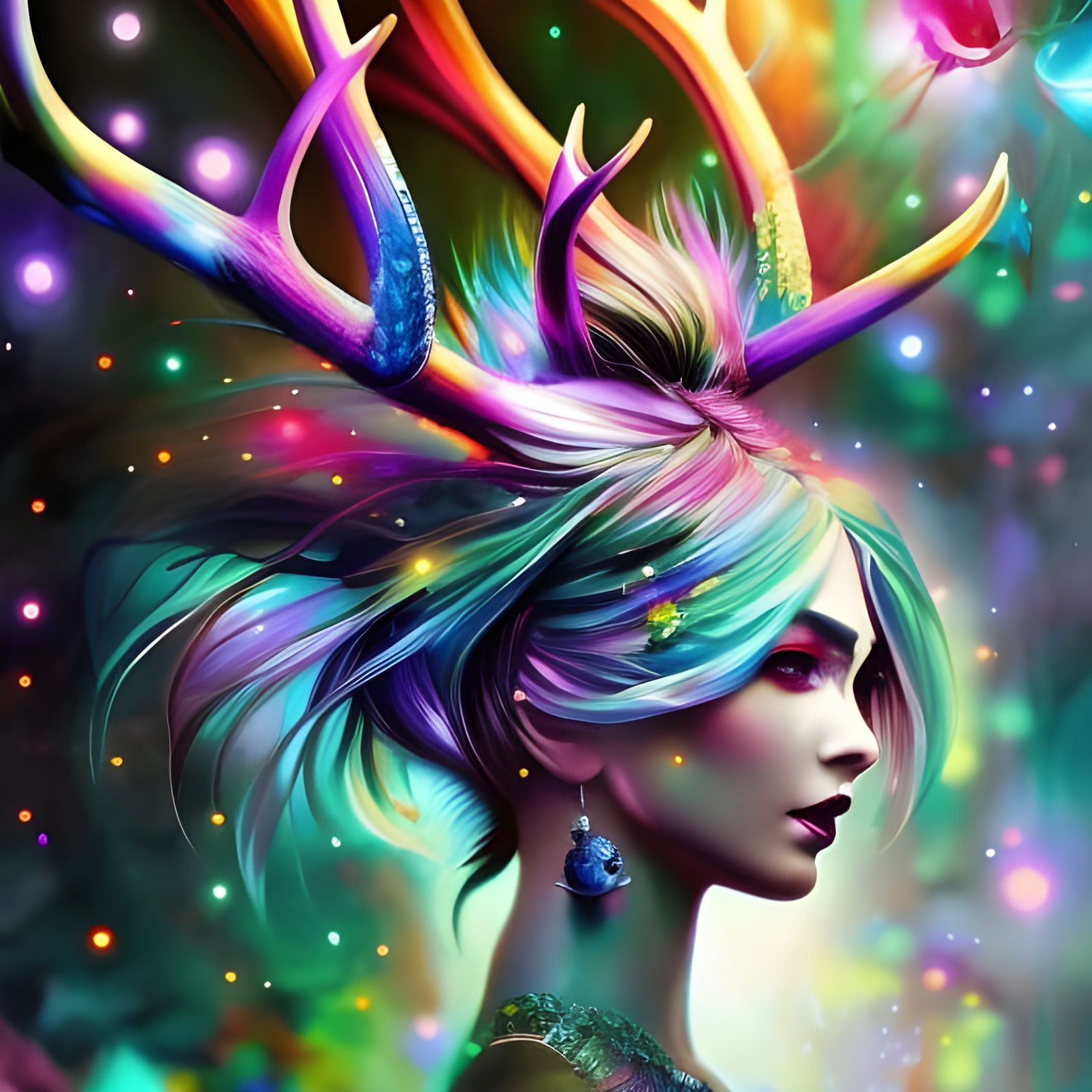 Colorful Dryad with Antlers: Digital Illustration