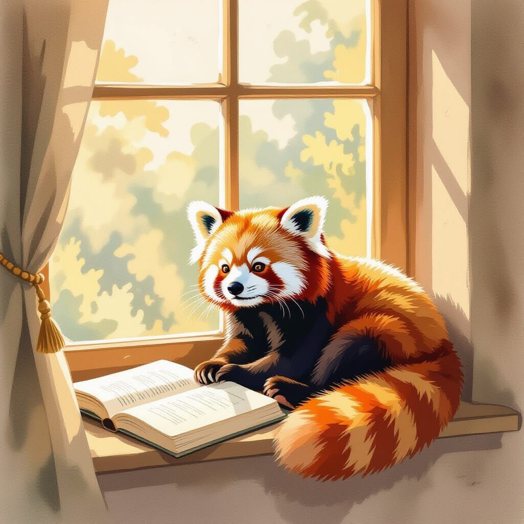 Red Panda Relaxing in Sunlit Window Seat with Book