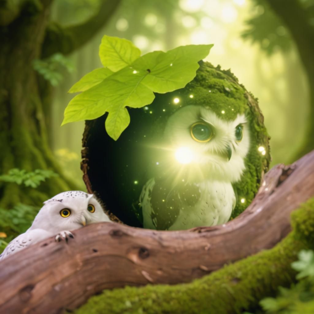 Glowing Mushrooms and Snowy Owl in Fantasy Forest