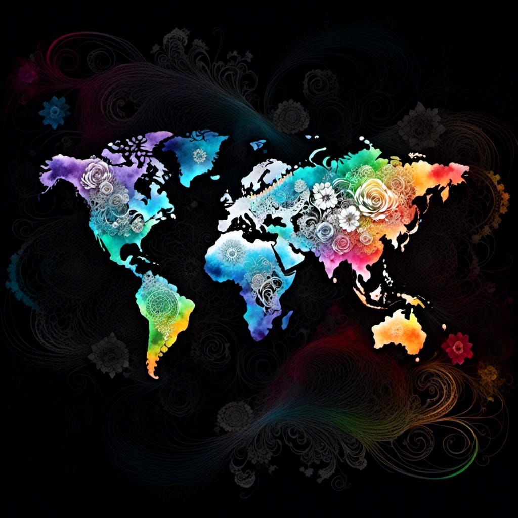 Rainbow World Map with Lace Flowers