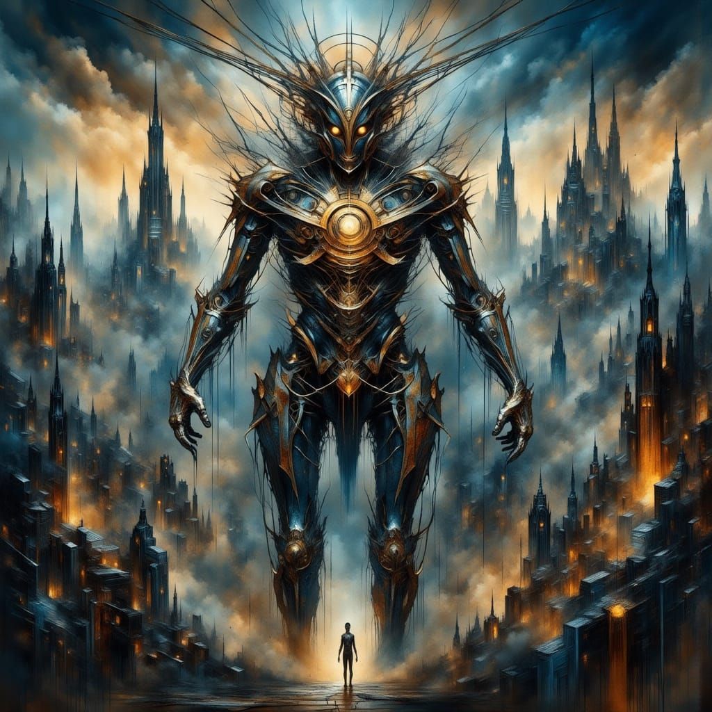 Clockwork Golem in Twilight Cityscape