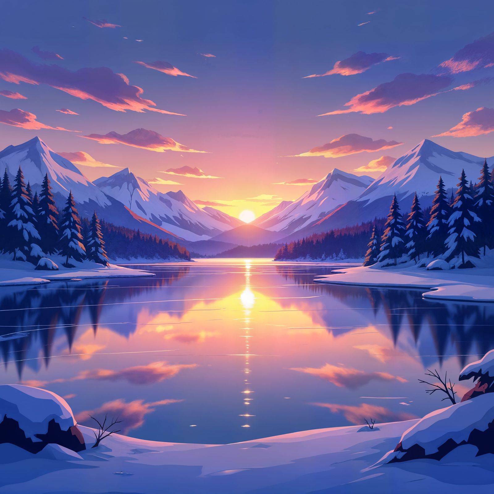 Frozen Lake at Dusk in Anime Style