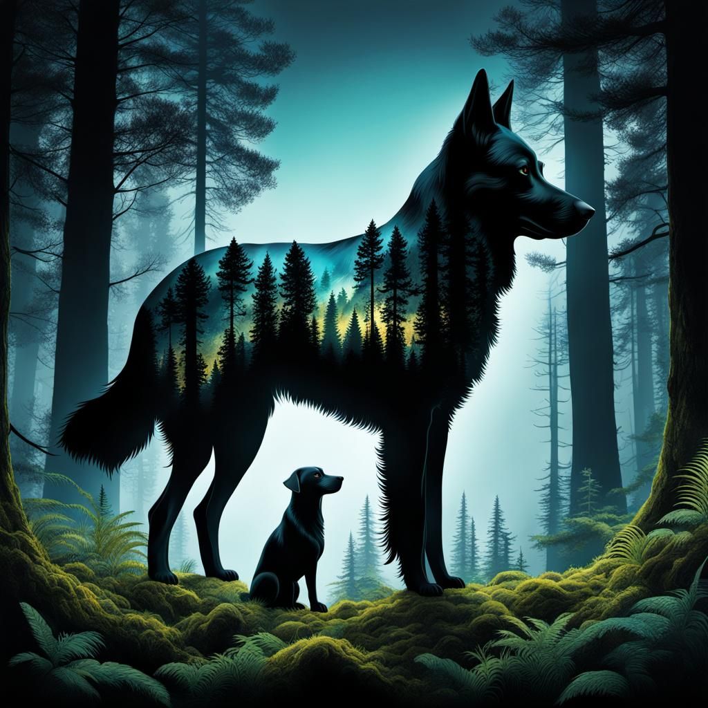 Mystical Forest Within Dog Silhouette: Double Exposure Art