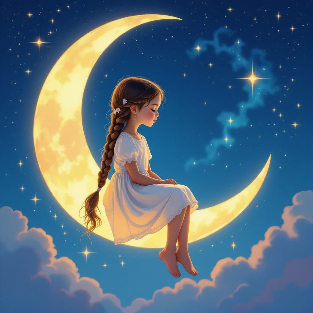 Girl on Moon Gazing at Cosmic Stars in Magical Realism Style