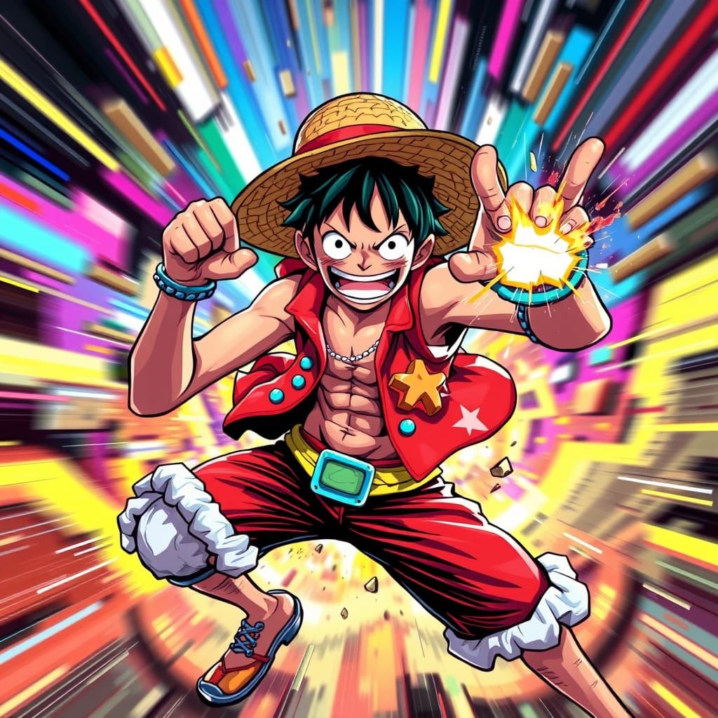 Cyberpunk Monkey D. Luffy in High-Tech Chaos