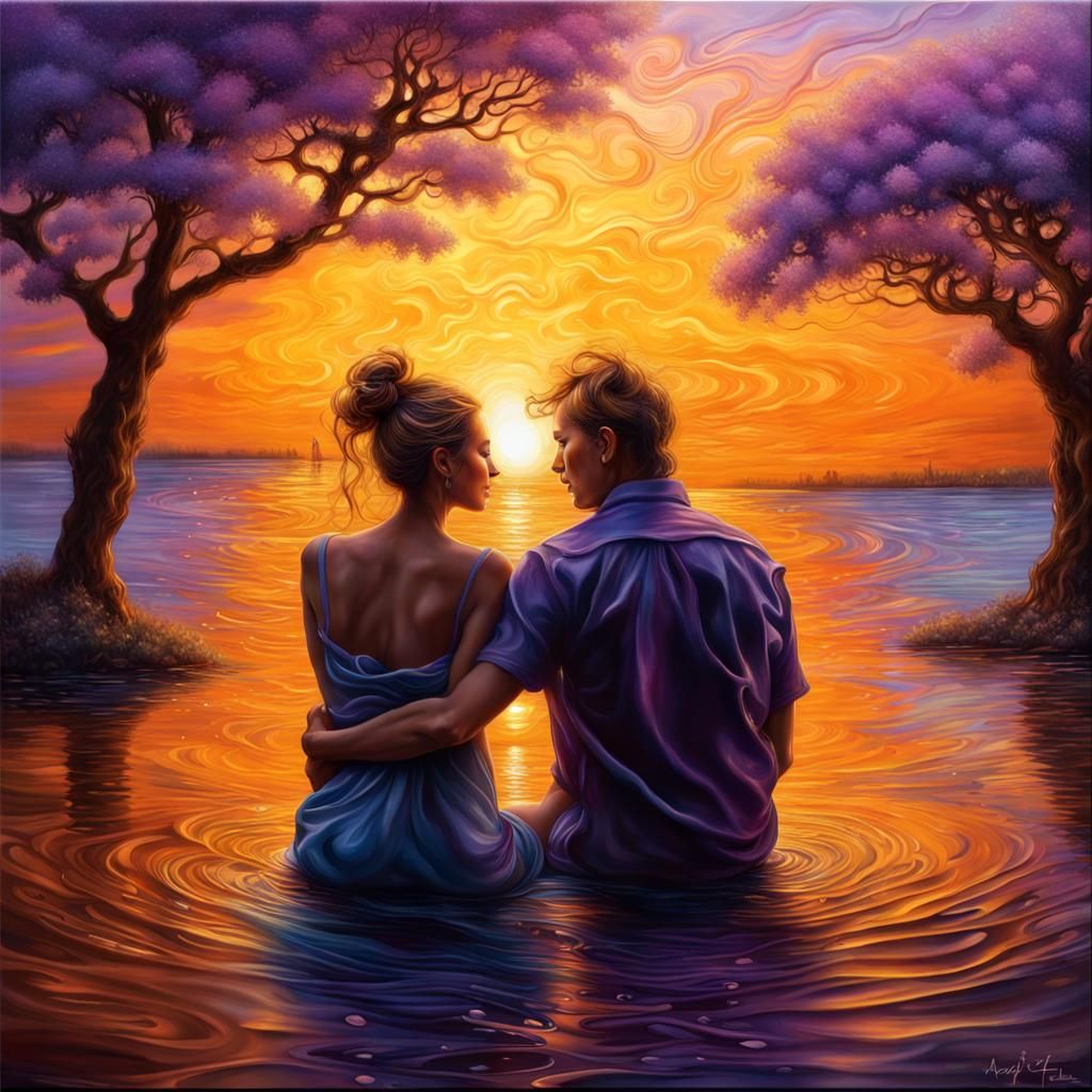 Iridescent Silhouette Couple in Summer Sunset, 3D Art