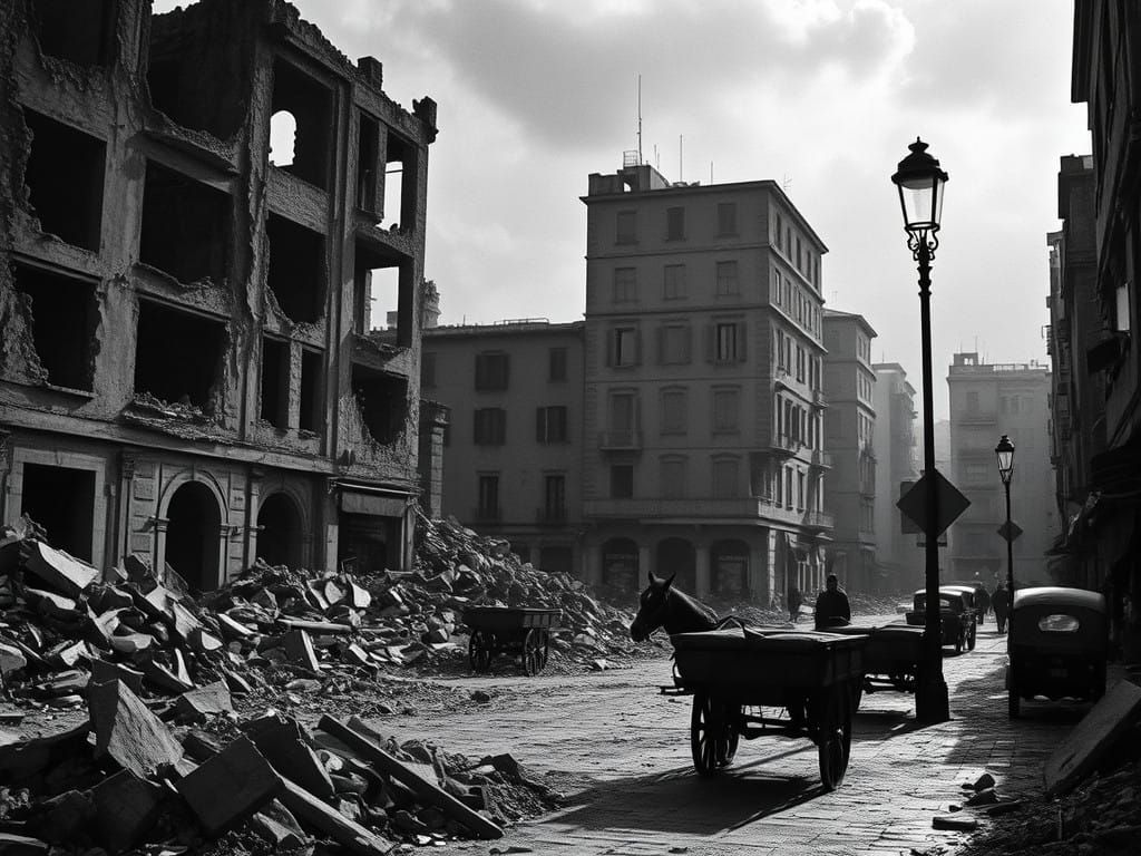 War-Torn Italian Cityscape in High Contrast Black and White