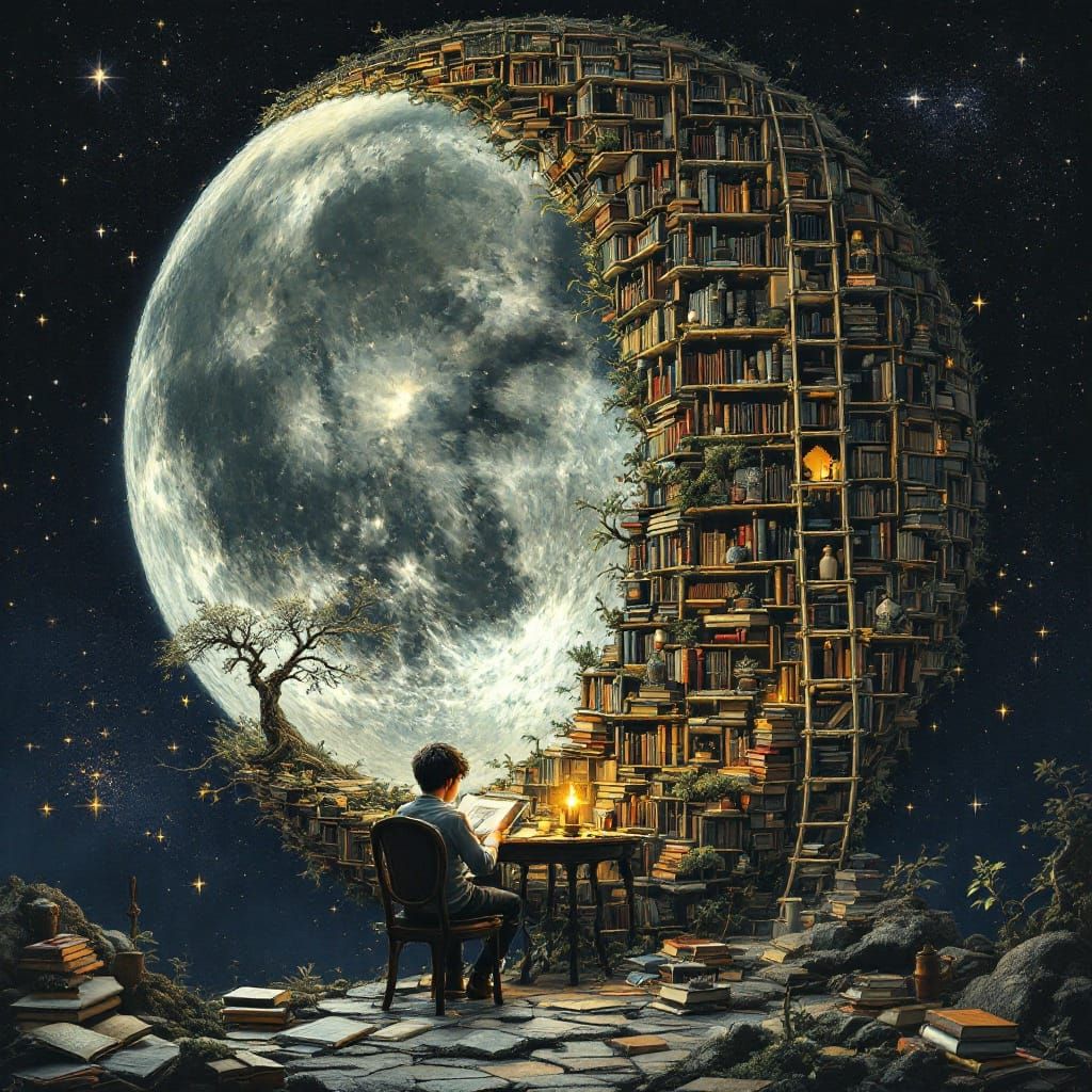 Surreal Library Scene in a Silver Moonlit World