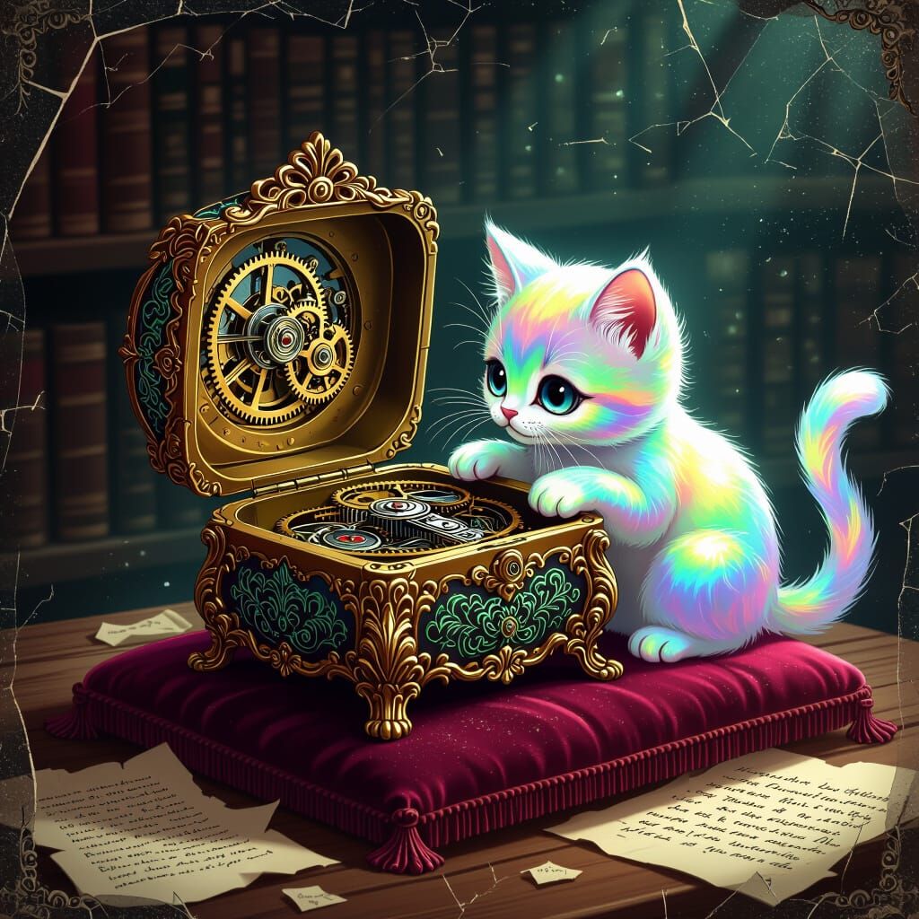 Iridescent Cat Inspects Antique Music Box