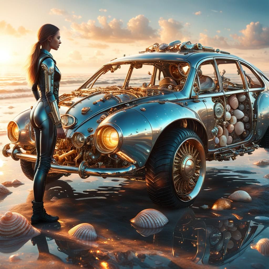 Futuristic Sci-Fi Girl Builds Seashell Car