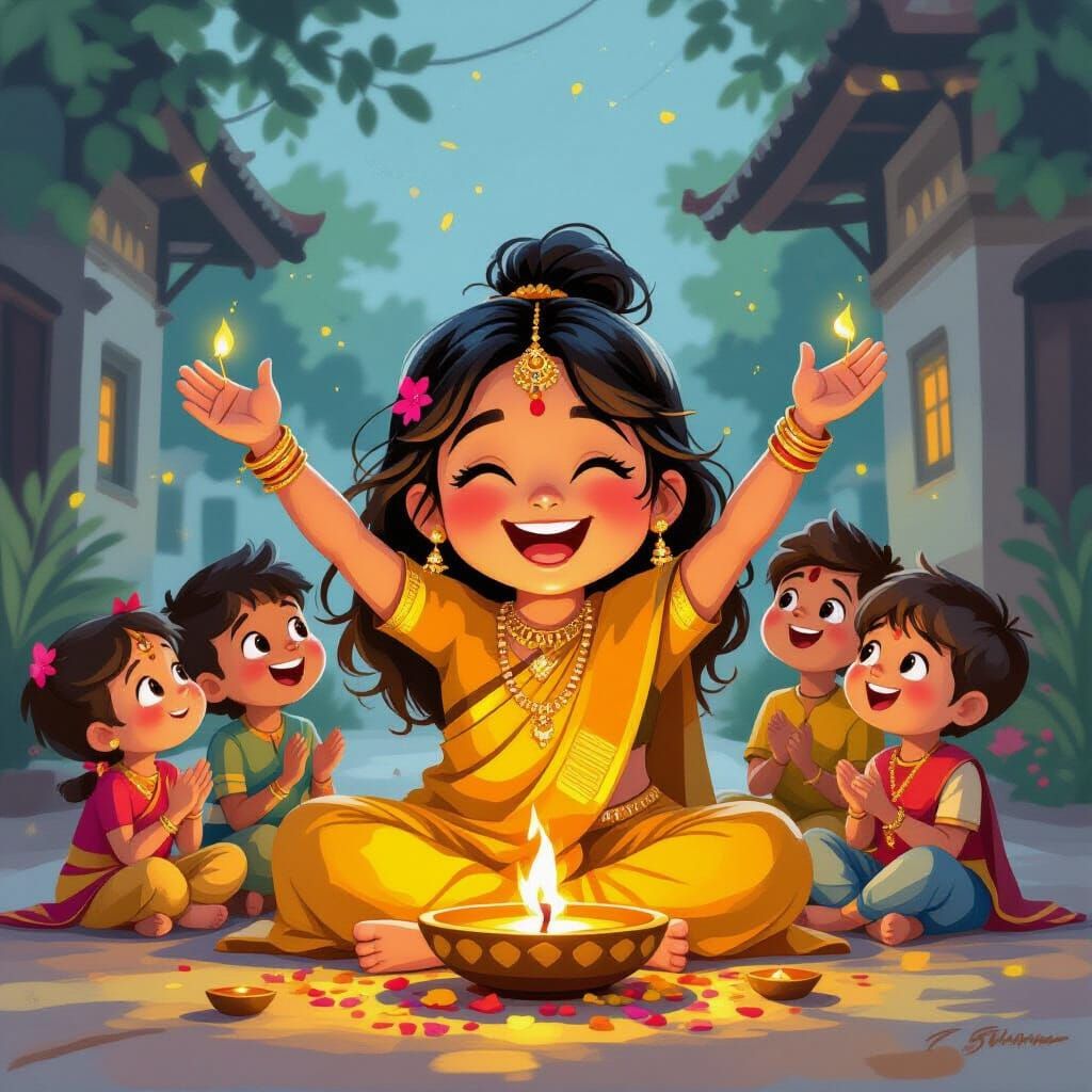 Girl Celebrates Diwali with Neighbors in Colorful Gouache St...