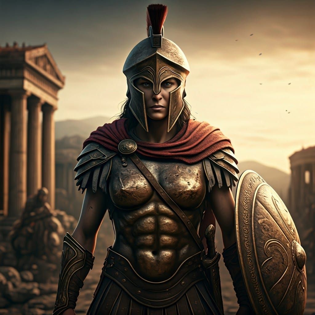 Heroic Female Spartan in a Ruined Cityscape