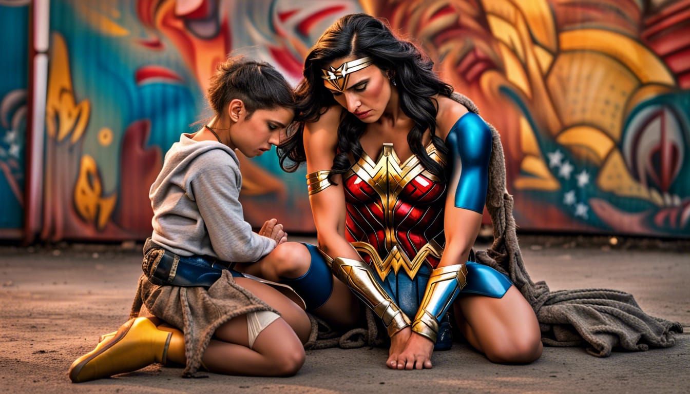 Wonder woman and a Small child praying for peace