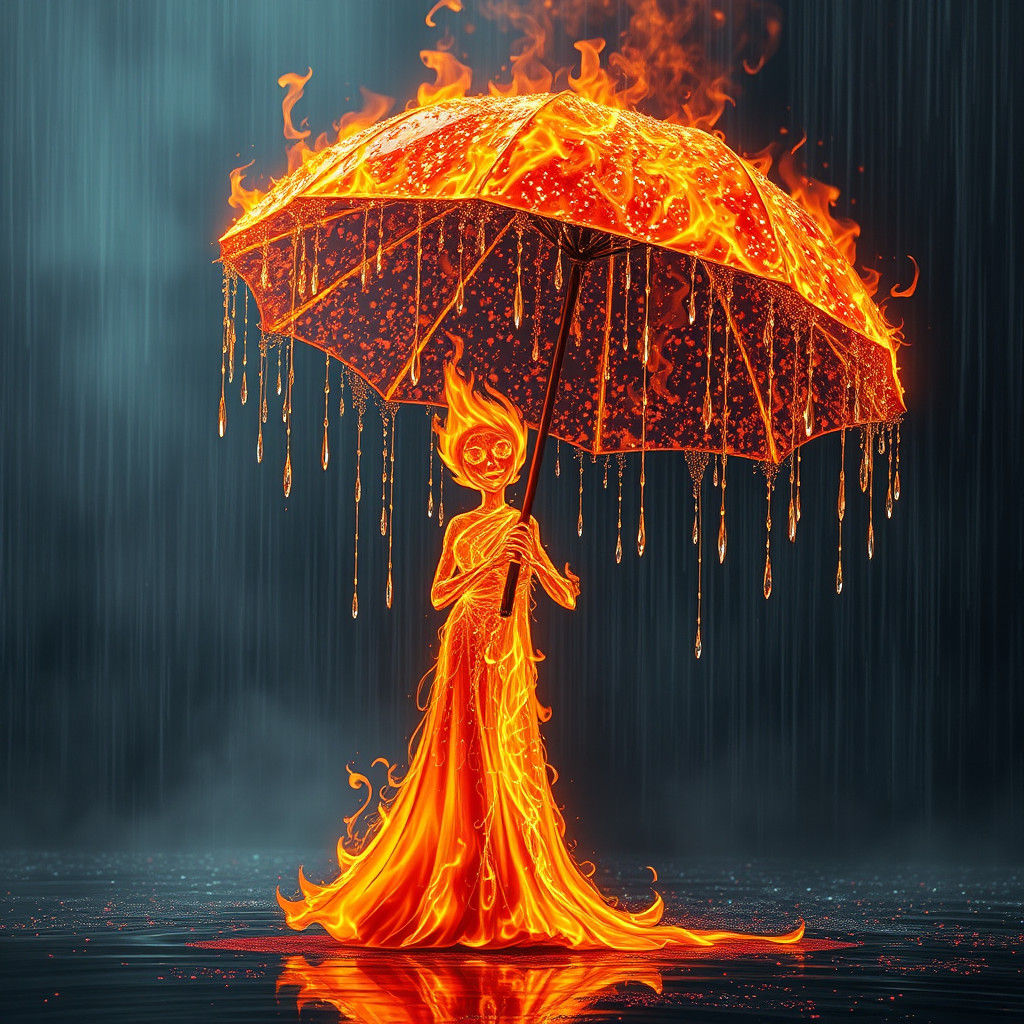 Enchanted Flame Figure with Raindrop Umbrella
