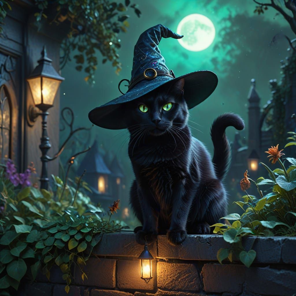 Black Cat in Witch's Hat on Moonlit Garden Wall