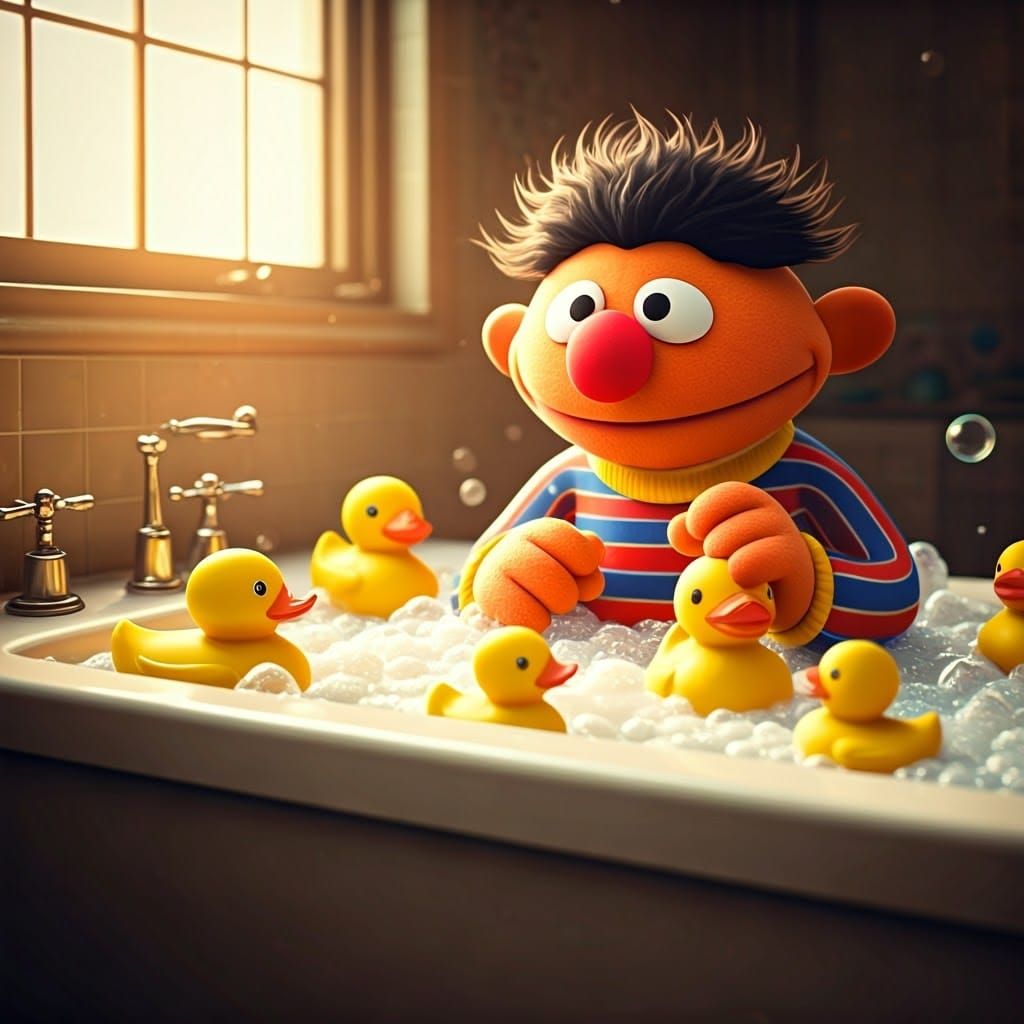 Chibi Ernie Plays with Rubber Ducks in a Sunny Bathroom