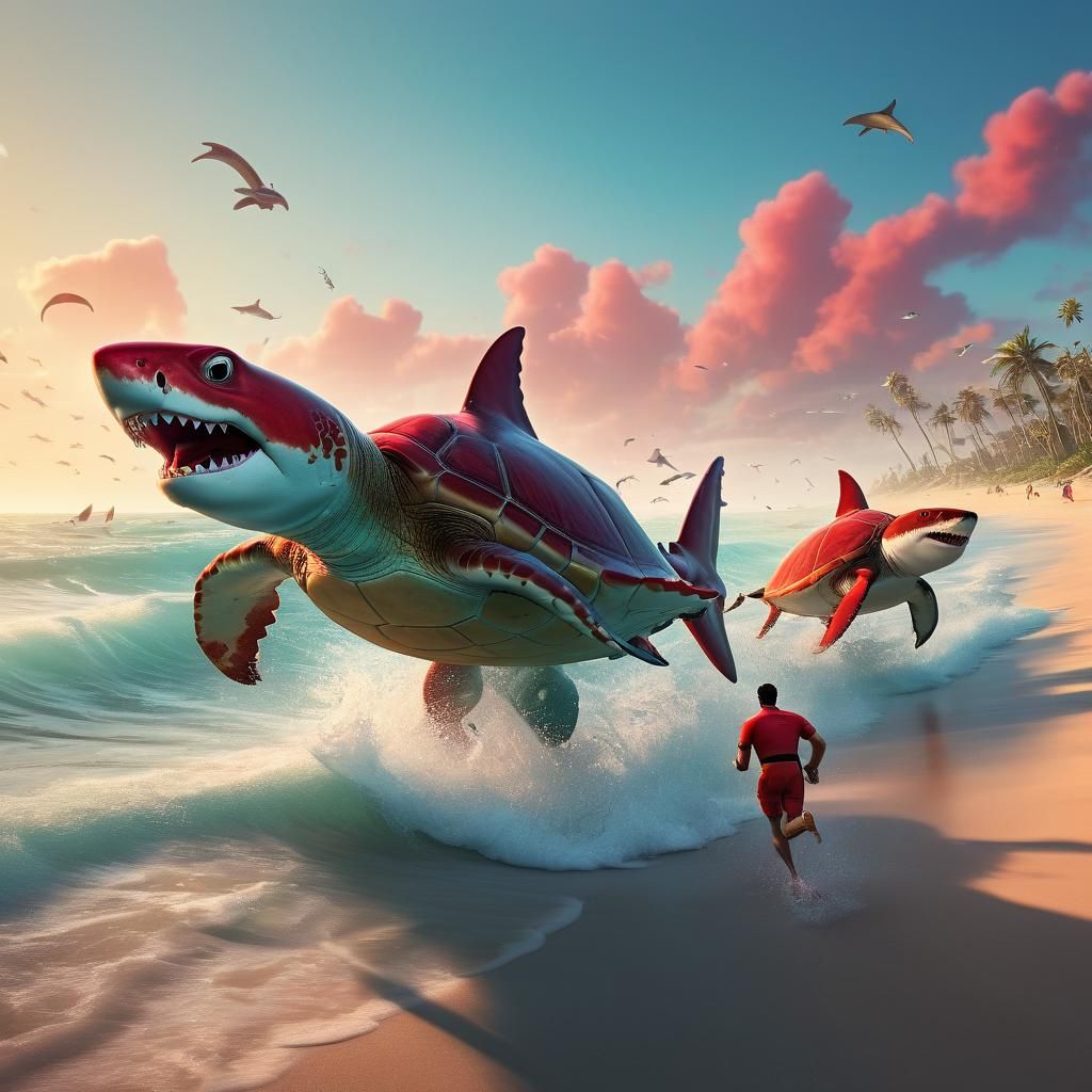 Lifeguards and Shark on Beach: 3D Digital Art