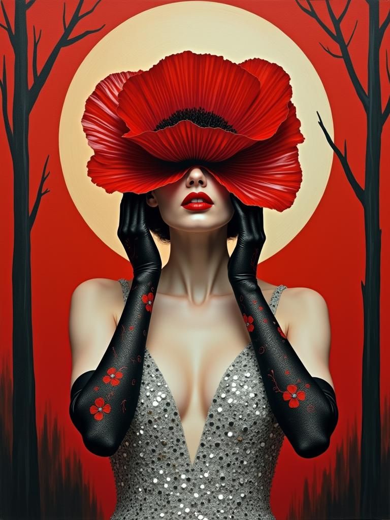 Woman with Poppy Headdress in Neo-Impressionist Style