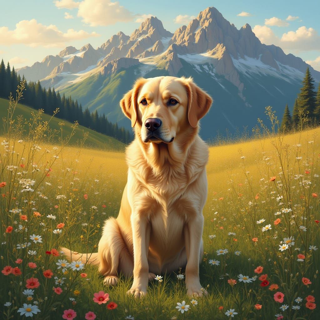 Serene Golden Labrador in a Wildflower Meadow with Majestic ...