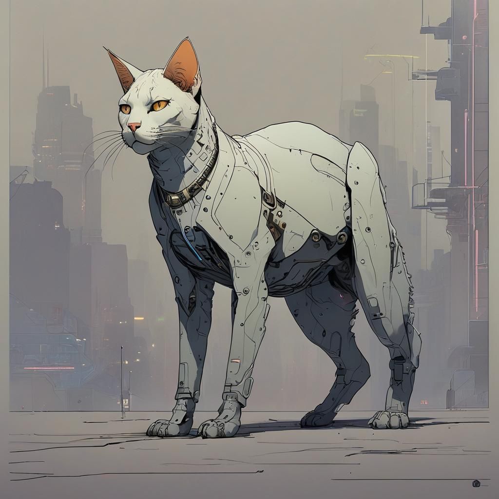 Cyberpunk Cybercat in Moebius Style