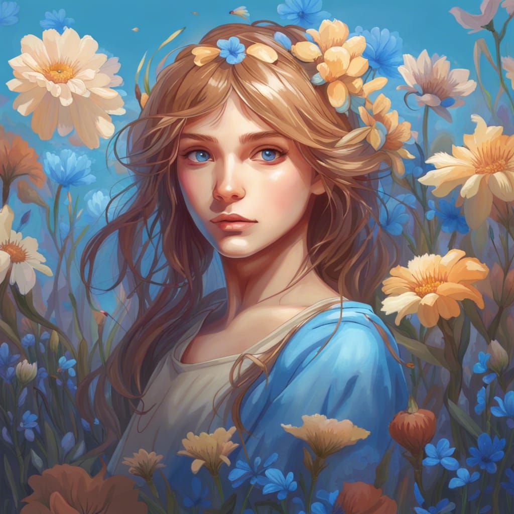 Girl with Flower in Sunny Meadow, Hyperdetailed Portrait