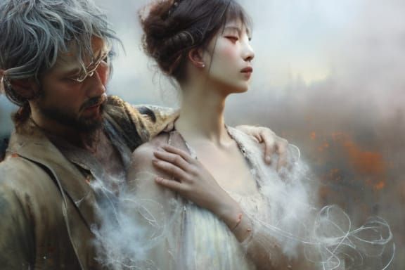 Two Figures Embracing in Dramatic Fine Art