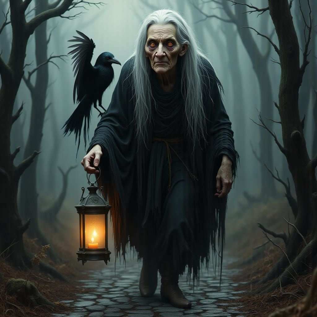 Ancient Witch in Eerie Forest with Raven
