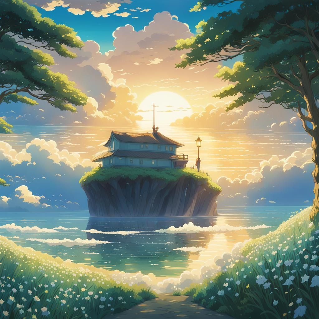 Celestial Sunlight, Waves, and Irises: Ghibli Anime Style