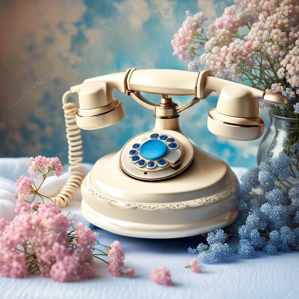 cream colored vintage telephone sitting on a lacy white tabl...