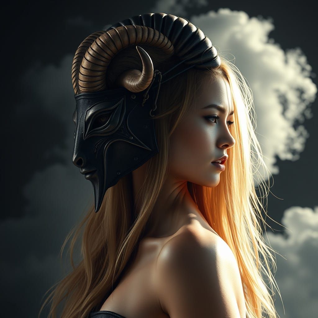 Radiant Woman with Goat Mask and Horns in Illuminati-Inspire...