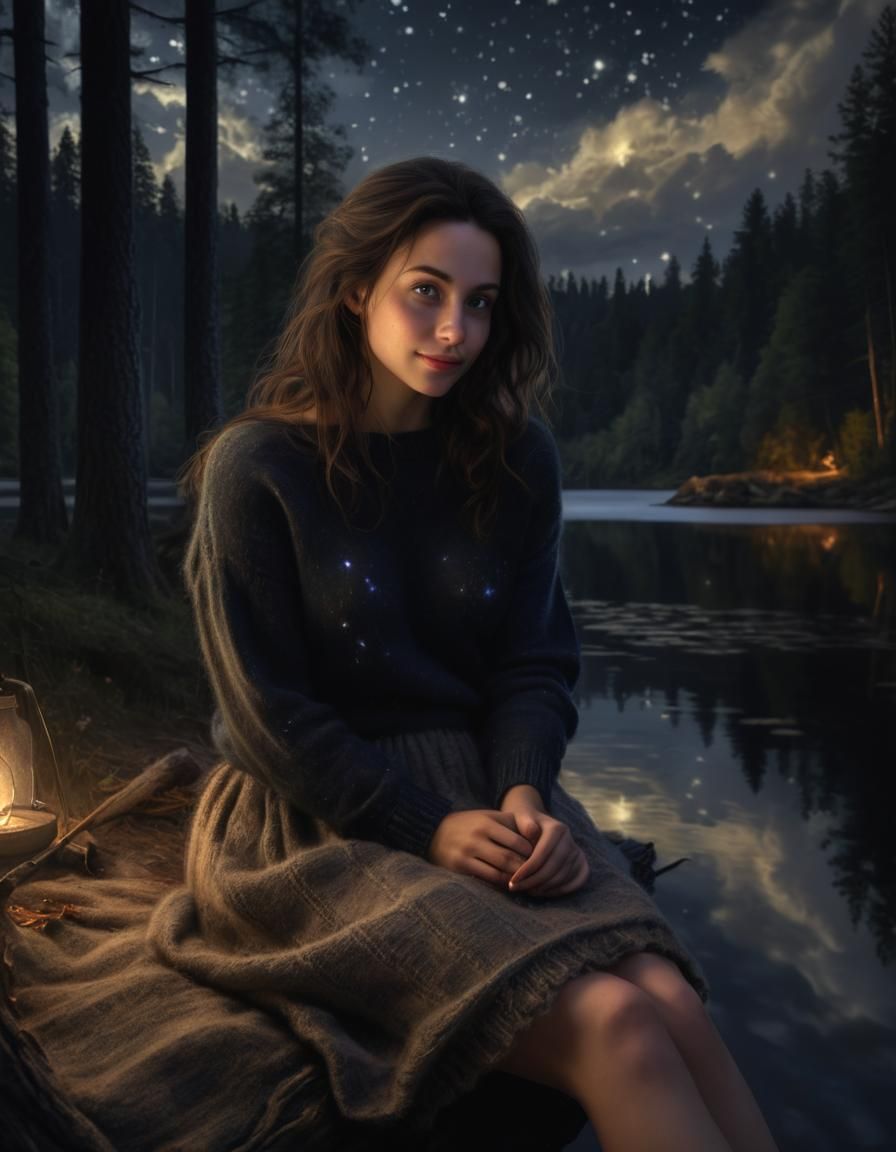 Renaissance Woman Lakeside at Night: Chiaroscuro Oil Paintin...