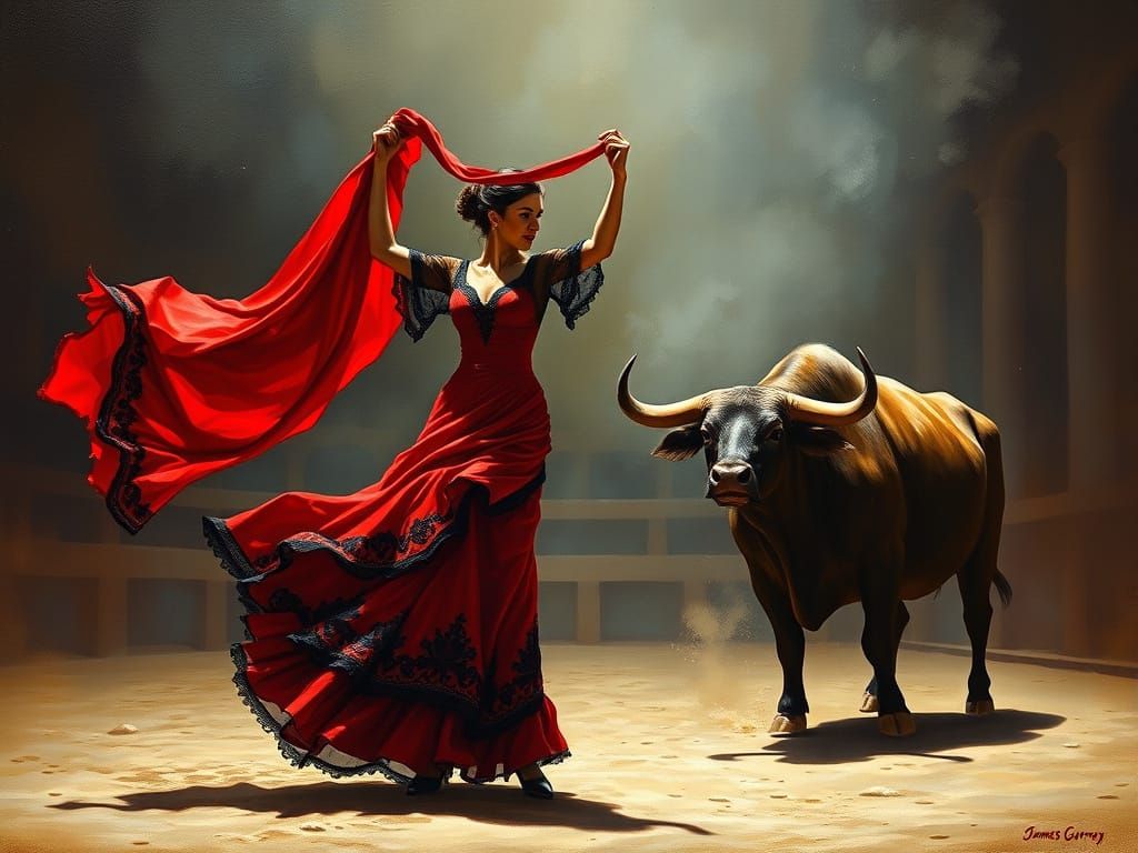 Flamenco Dancer Confronts a Bull in a Vibrant Oil Painting