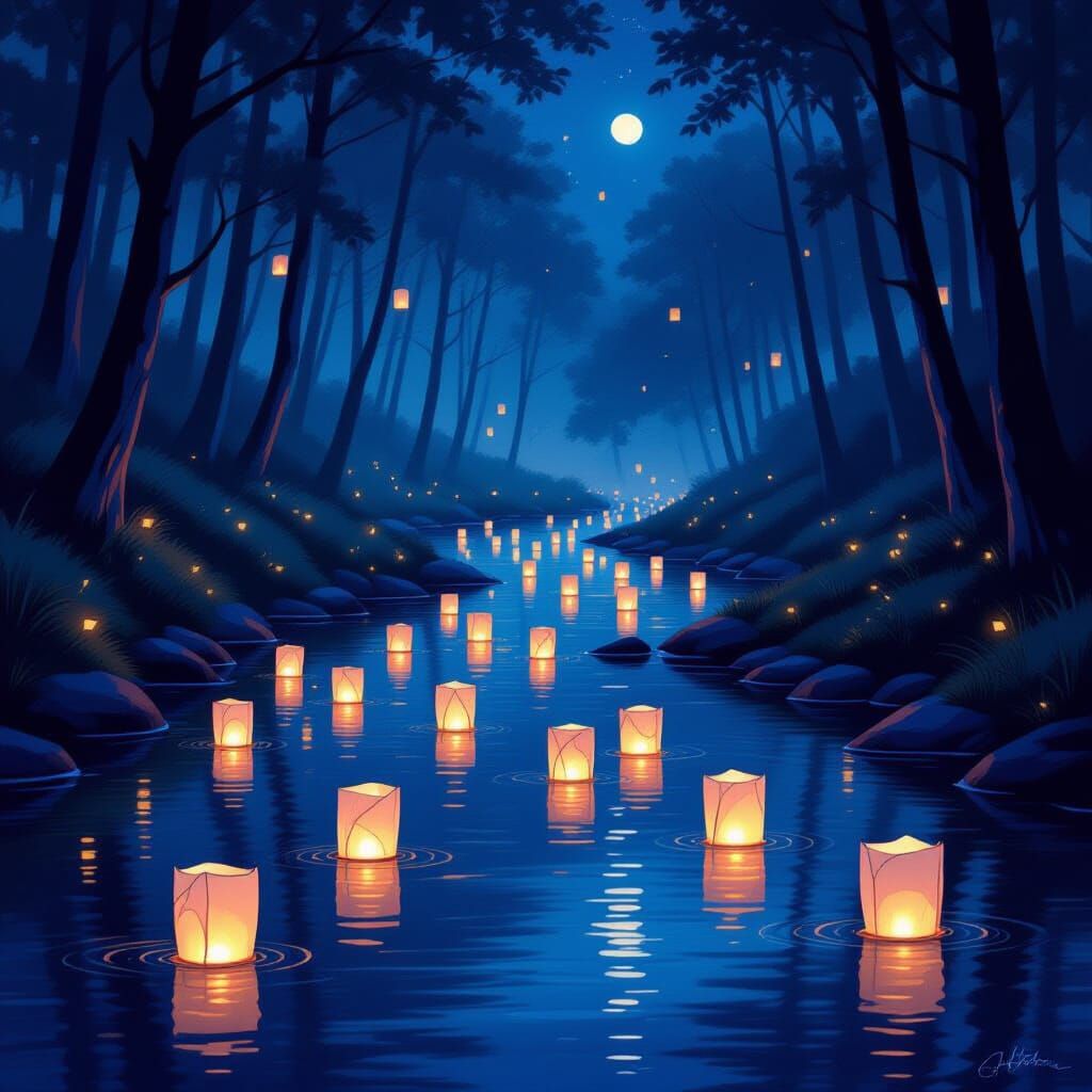Ethereal River Scene with Floating Lanterns