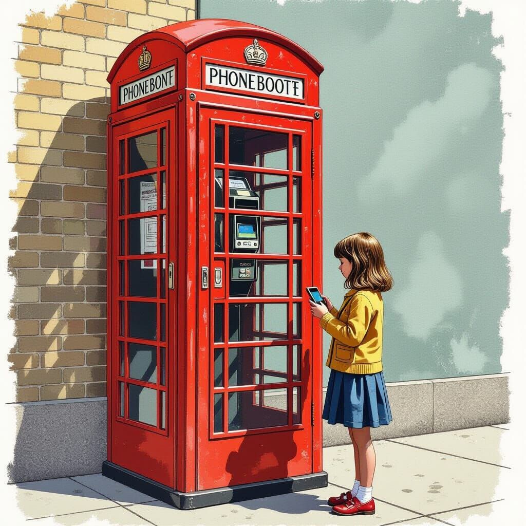 Girl With Phone Outside Vintage Phonebooth