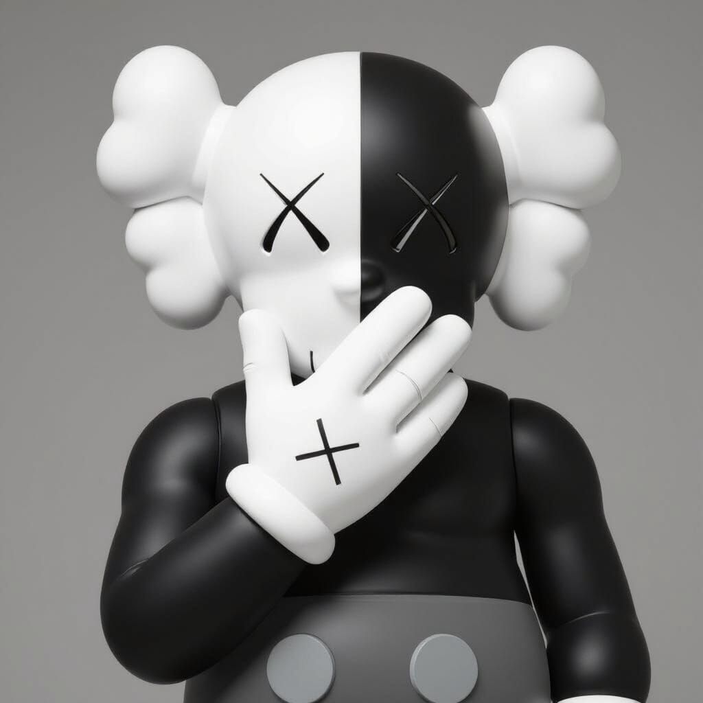 Monochrome Kaws-Inspired Statue with Hand Over Mouth