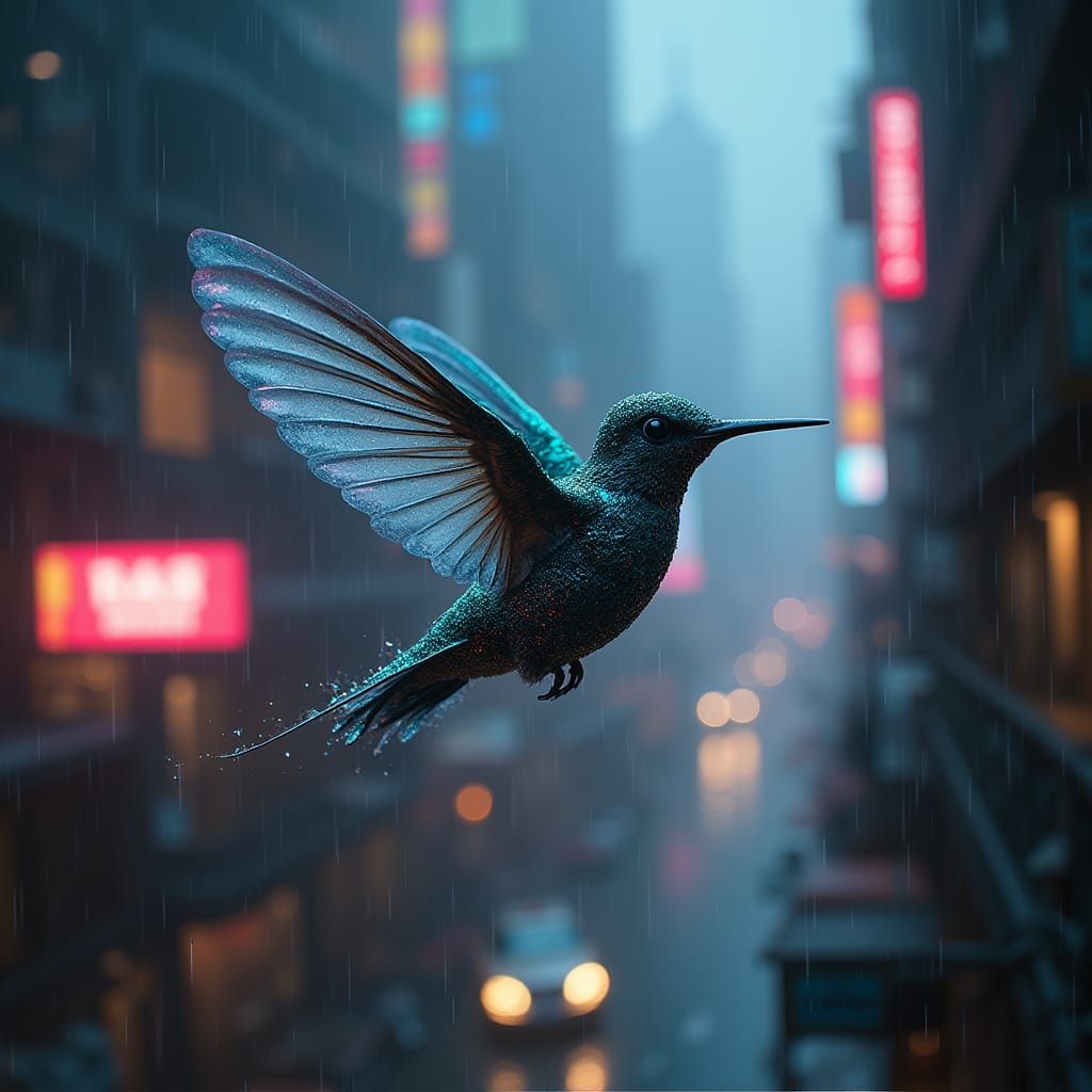 Cyberpunk Hummingbird in Iridescent Flight