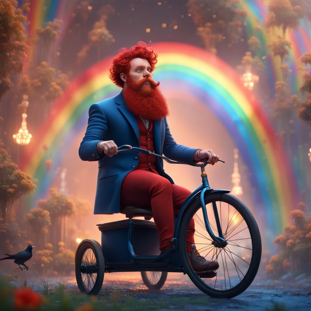 Joyful Bearded Man on Tricycle with Rainbows