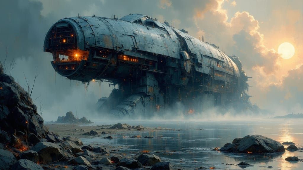 Sandcrawler Wreckage at Lake: Retro Sci-Fi Digital Art