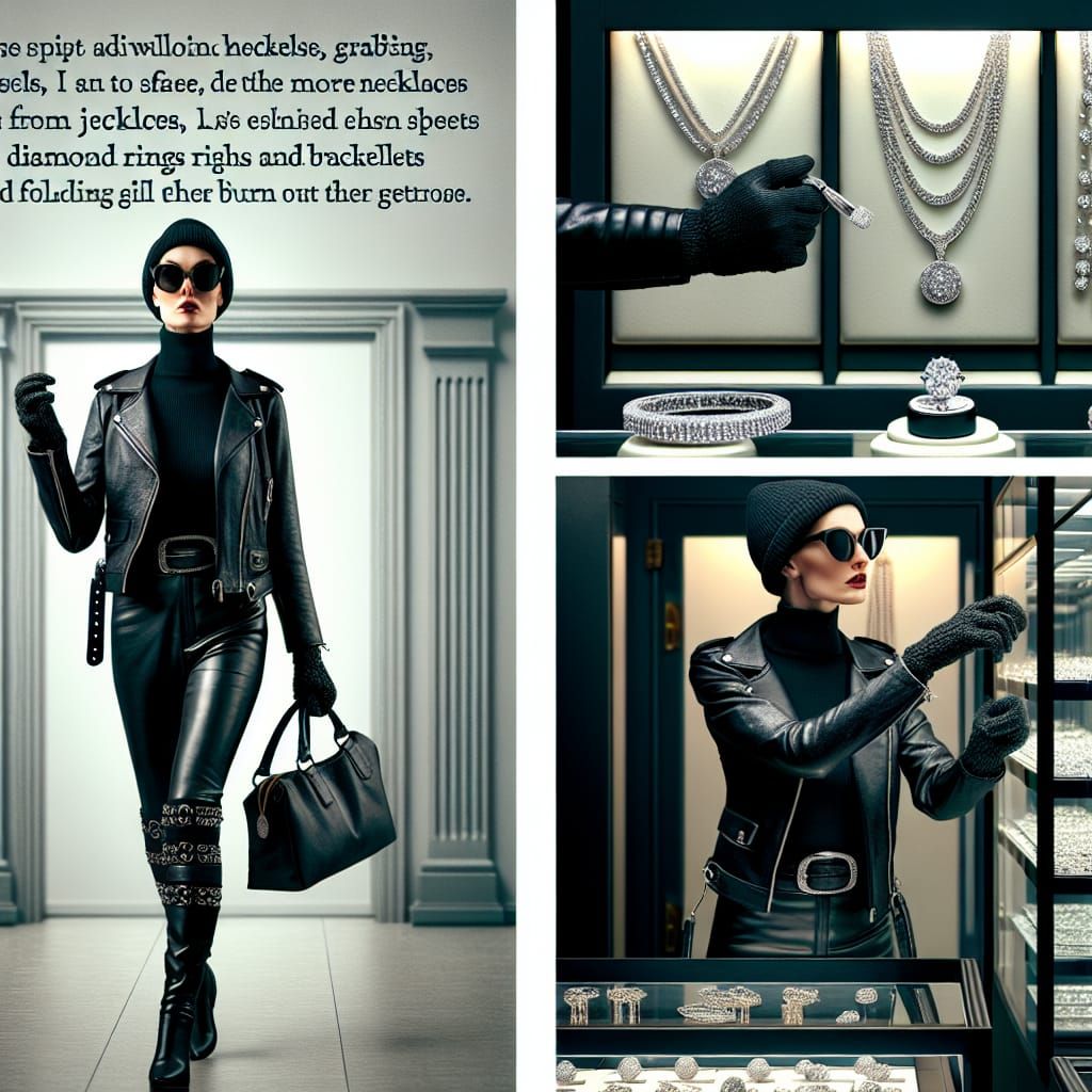 Female Thief Robbing Jewellery Store in Leather