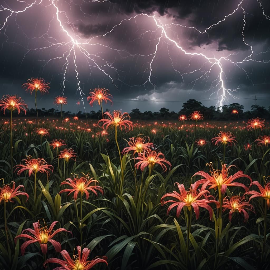 Spider Lilies Illuminated by Lightning: Digital Matte Painti...